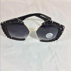 Black Austrian Crystal Hexagonal Sunglasses